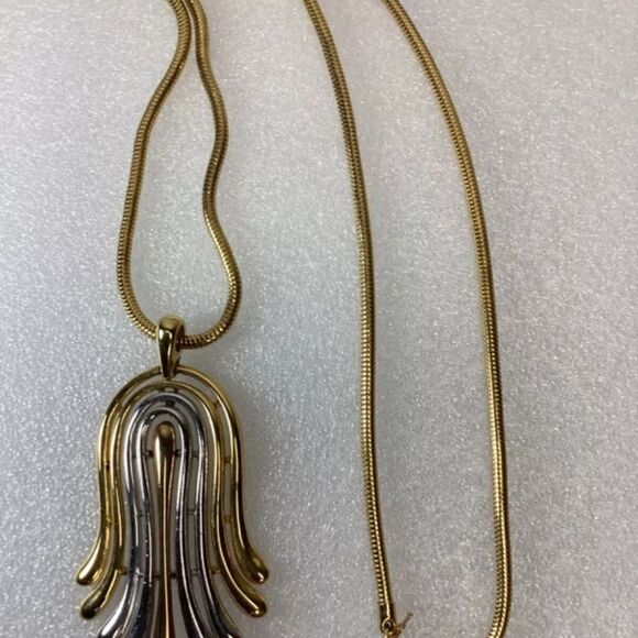 VTG CROWN TRIFARI GOLDTONE & SILVERTONE HINGED NECKLACE MODERNIST DESIGN 16" - Picture 7 of 8